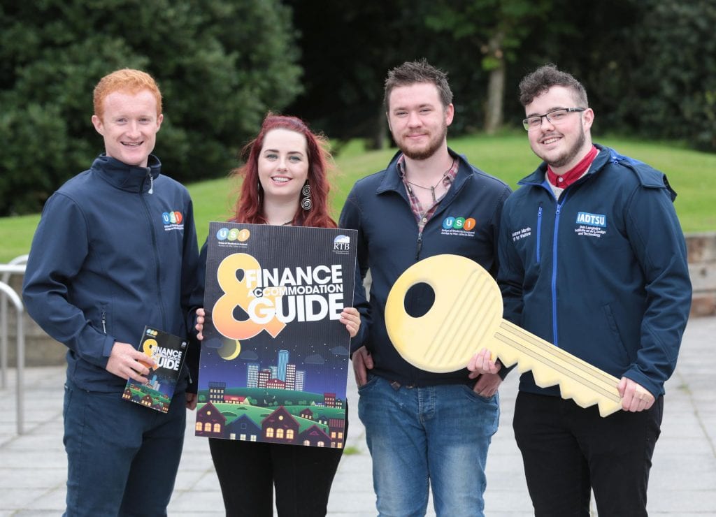 NO REPRO FEE. Maynooth University, 30/08/2016. Pictured here at the launch of the USI and RTB Finance and Accommodation Guide were Jack Leahy (left), Deputy President of USI, Annie Hoey, USI President, Cian Power, USI VP for Welfare and Andrew Martin, Students Union IADT. The guide has a rent book and inventory checklist included, so students can record any damages or missing utensils at the start of the lease, and not be penalised unfairly on their deposit. The guide also provides information on finance and gives budgeting tips for students to financially manage the college year.  Pic: Alan Rowlette ENDS Contact: Annie Hoey, USI President, 087-6776636 Dillon Grace, Maynooth Students Union President, 01-7086436 Jack Leahy, USI Deputy President, 0861303101 For media requests email Fiona.omalley@usi.ie or call 0874495695 USI is the national representative body for the 354,000 students in third level education on the Island of Ireland.  We are a membership organisation  our members are our affiliated Students Unions around Ireland, North and South.