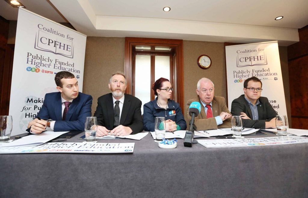 NO REPRO FEE 28/09/2016. The Coalition for Publicly Funded Higher Education to make recommendations in support of publicly funded education. The Coalition for Publicly Funded Higher Education, a group comprising of USI, SIPTU, IFUT, IMPACT and TUI hold a press conference in Buswells Hotel to make the case for publicly funded third level education, including how it would work, why it is vital for the future of the country and how publicly-funded third level education has worked in other countries. Pictured are (LtoR) Joe O'Connor, IMPACT lead organiser, Aiden Kenny, TUI, Assistant General Secretary, Annie Hoey, USI President, Mick Jannings, IFUT General Secretary and Dan O'Neill, Siptu, Compaign and Equality Dep. Photography: Sasko Lazarov/Photocall Ireland