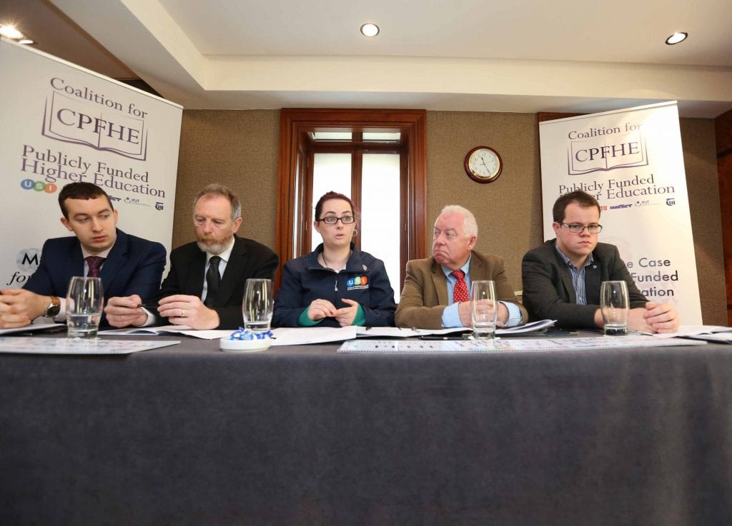 NO REPRO FEE 28/09/2016. The Coalition for Publicly Funded Higher Education to make recommendations in support of publicly funded education. The Coalition for Publicly Funded Higher Education, a group comprising of USI, SIPTU, IFUT, IMPACT and TUI hold a press conference in Buswells Hotel to make the case for publicly funded third level education, including how it would work, why it is vital for the future of the country and how publicly-funded third level education has worked in other countries. Pictured are (LtoR) Joe O'Connor, IMPACT lead organiser, Aiden Kenny, TUI, Assistant General Secretary, Annie Hoey, USI President, Mick Jannings, IFUT General Secretary and Dan O'Neill, Siptu, Compaign and Equality Dep. Photography: Sasko Lazarov/Photocall Ireland